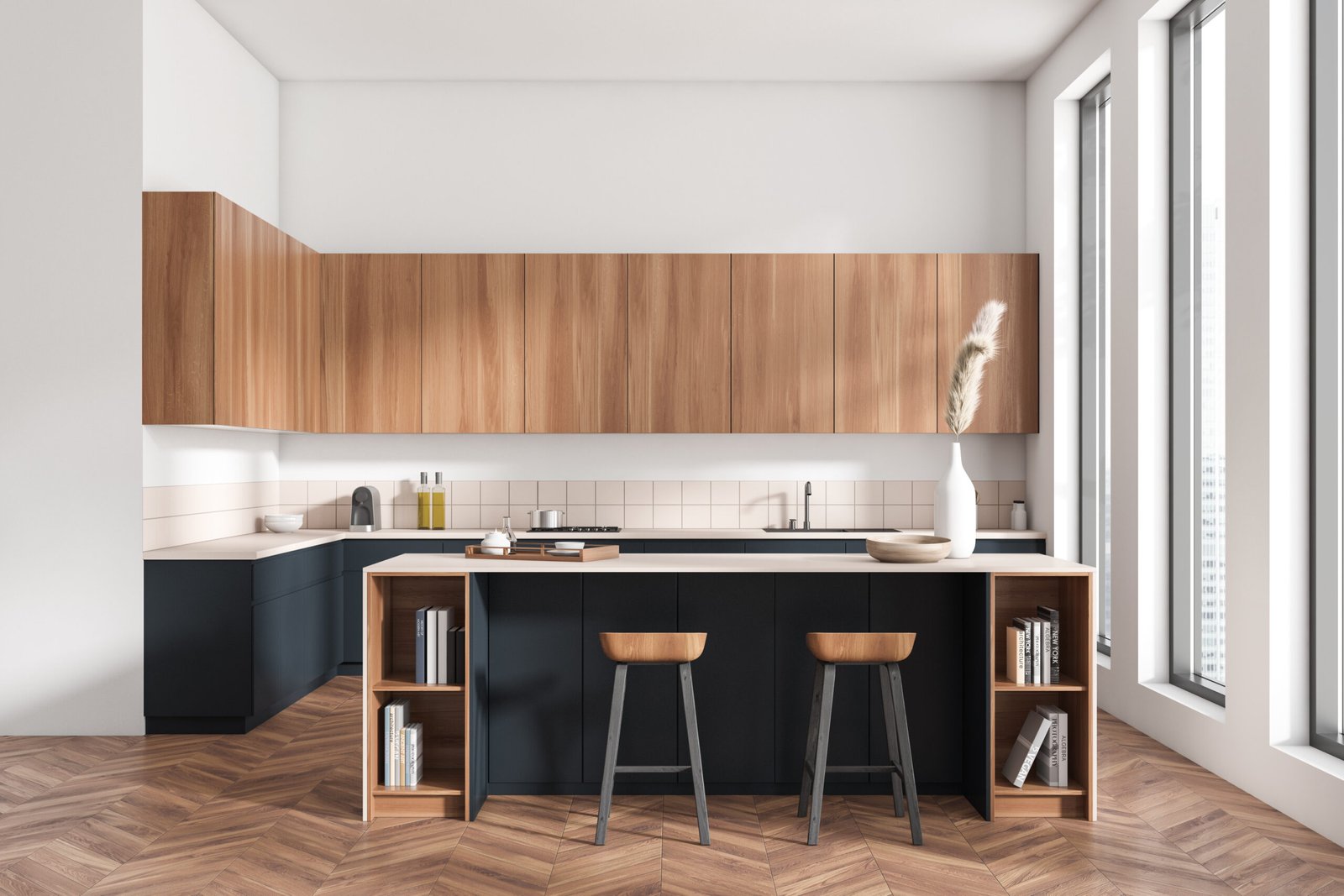 Stylish kitchen interior with bar island and chairs on hardwood floor. Minimalist kitchenware and shelf with decoration. Panoramic window on skyscrapers. 3D rendering